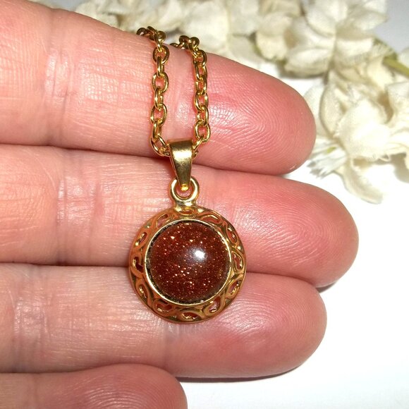 Orange Sandstone Sunstone Faux Gemstone Necklace Gold Pendant Circle Girl D018 - Picture 1 of 5